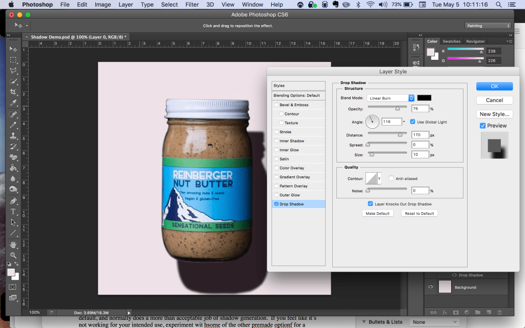 How to adjust the Angle (116°) and Distance (170 pixels) variables in  Layer Options.  