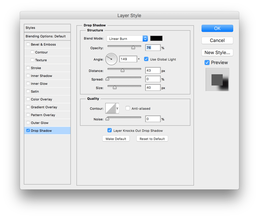 Photoshop's layer style window, where we have adjusted shadow size.